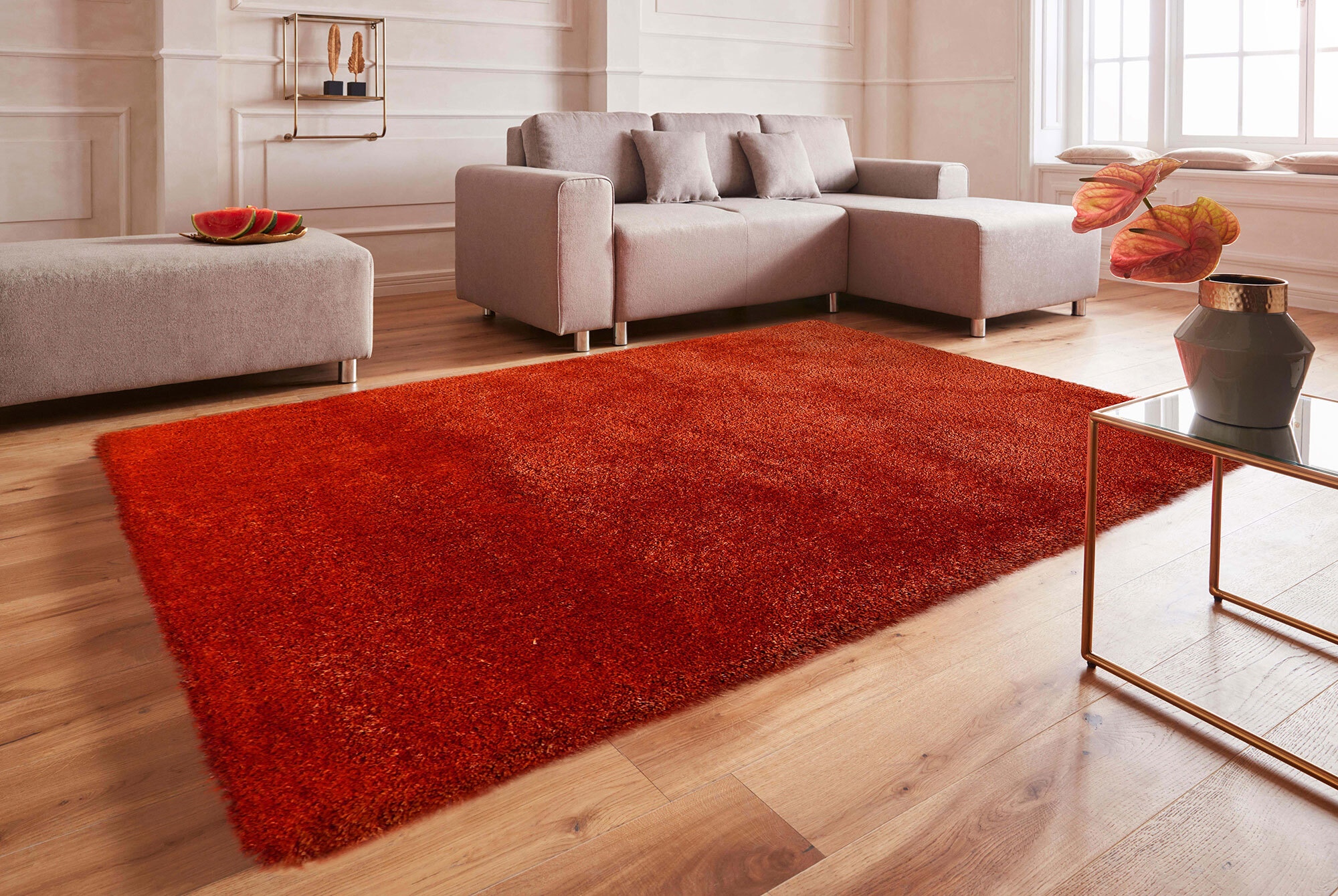 Luxe Plain Orange Shaggy Rug