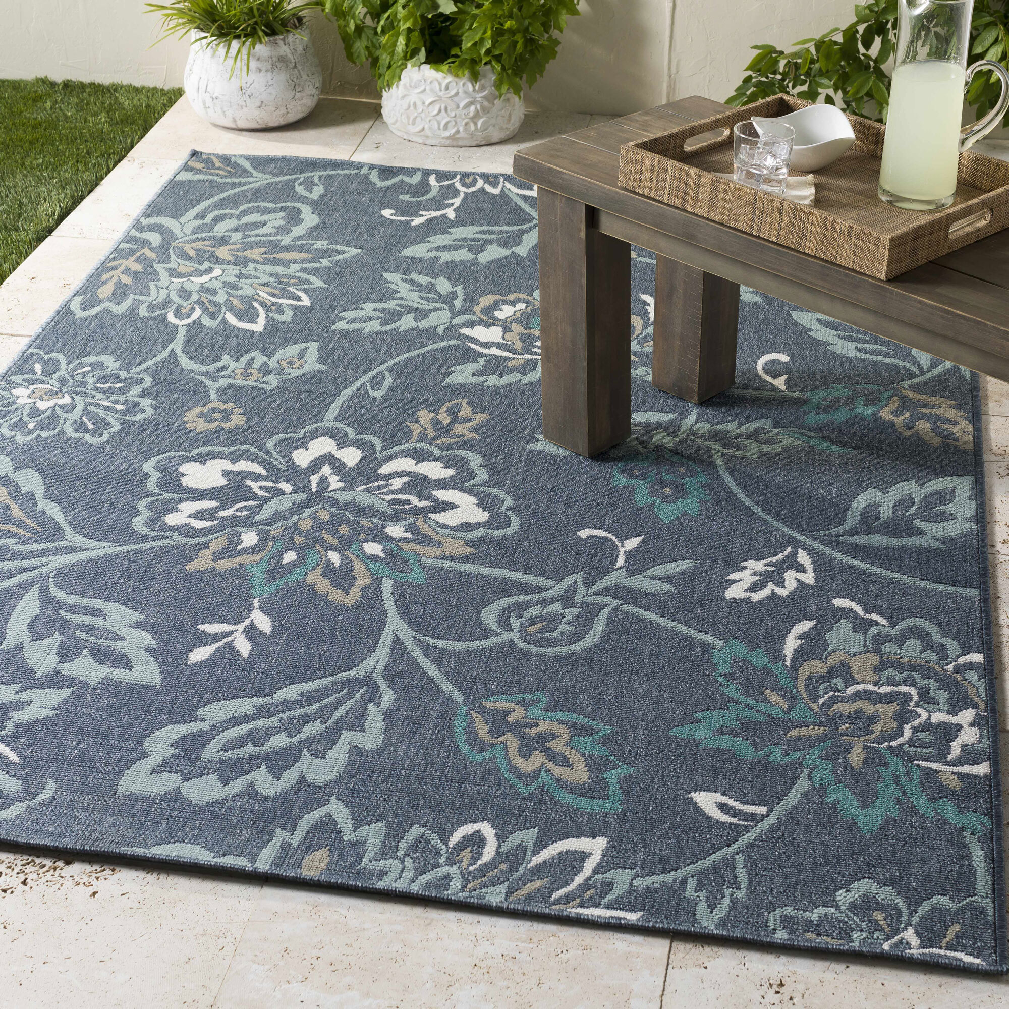 Ambient Blue Floral Outdoor Rug