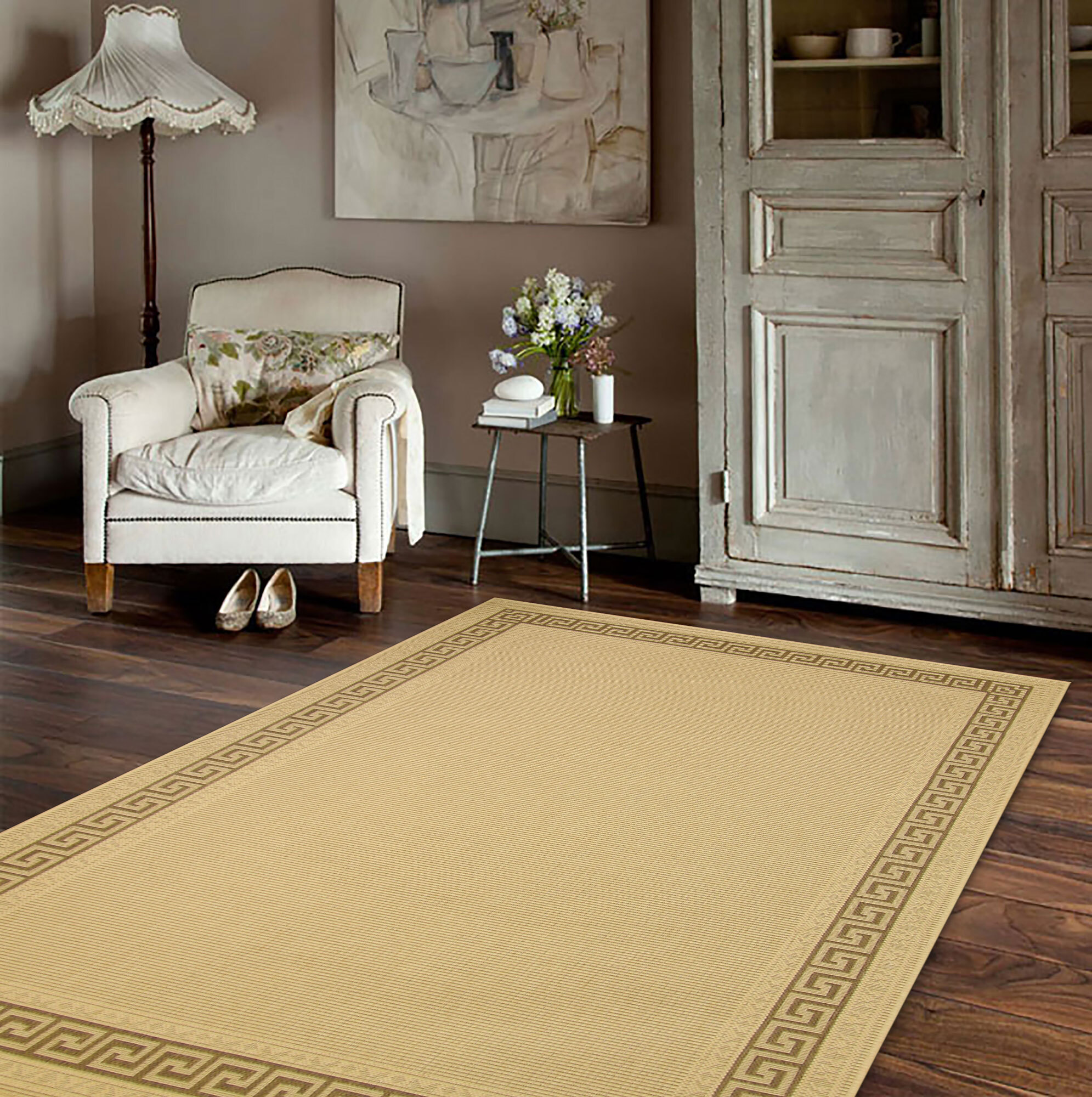 Sama Beige Greek Key Border Rug