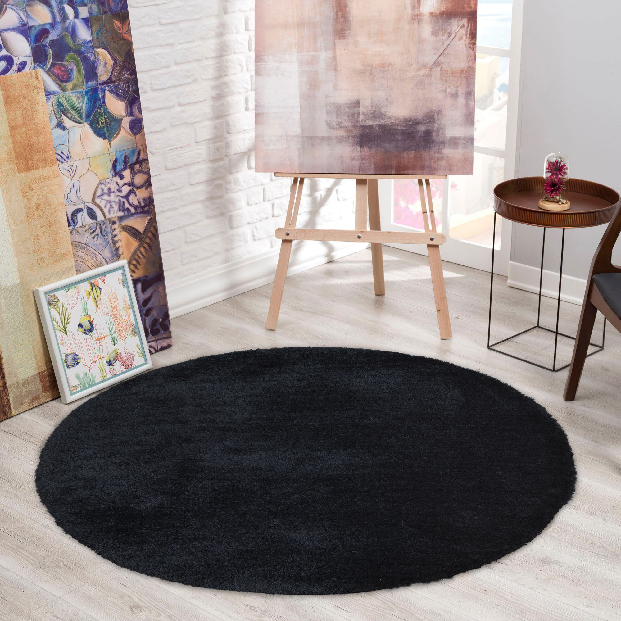 Luxe Plain Black Shaggy Rug