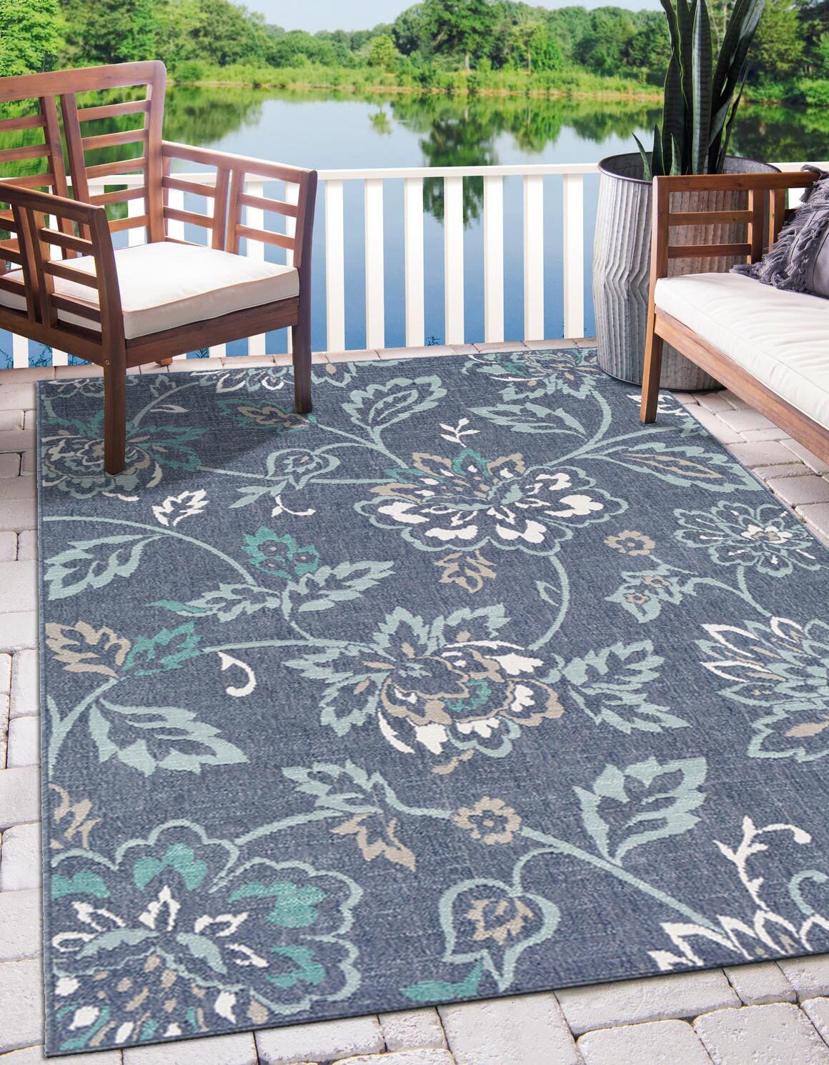 Ambient Blue Floral Outdoor Rug