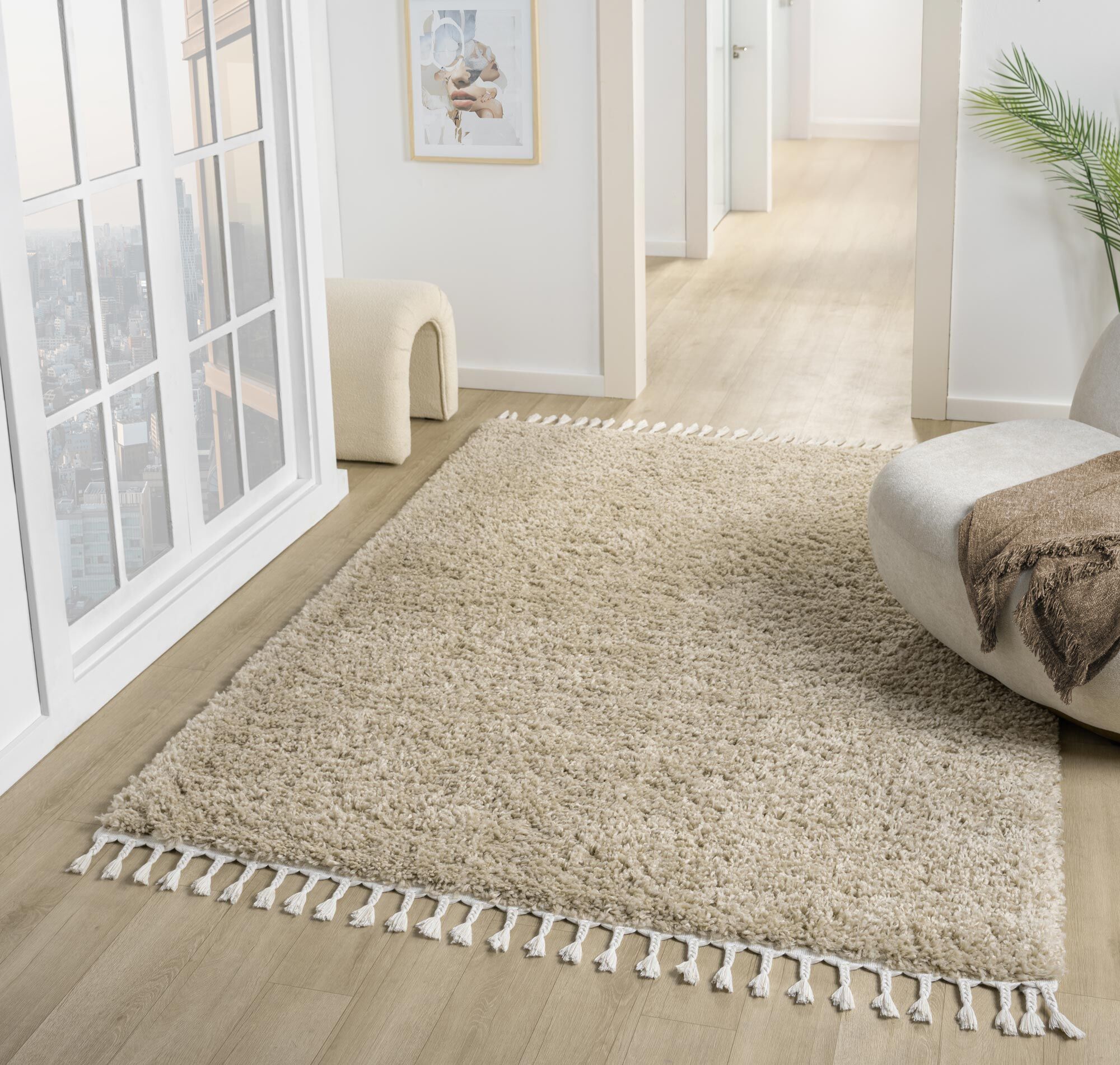 Joey Plain Beige Shaggy Rug