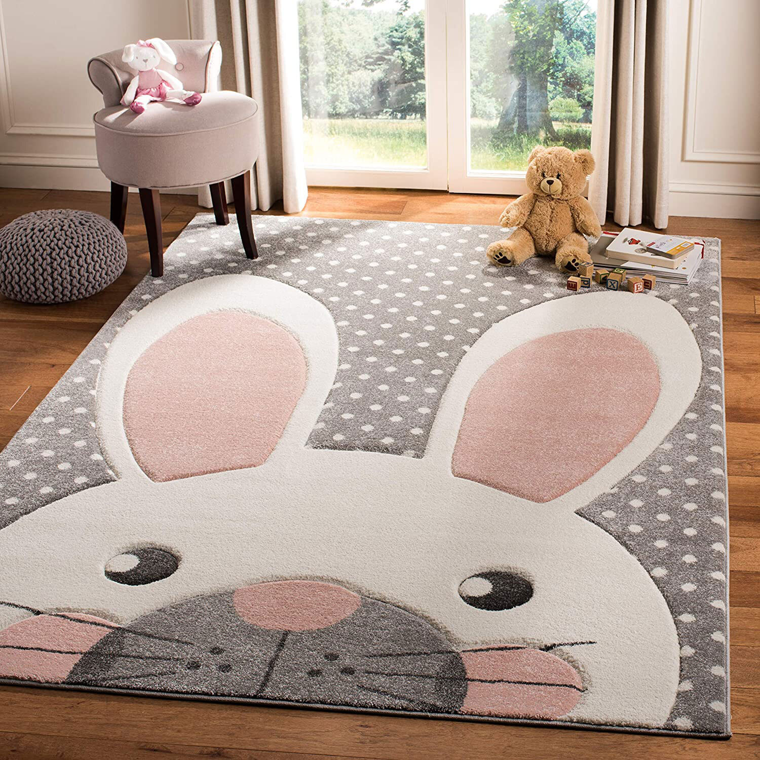 Charlie Rabbit Head Grey Kids Rug