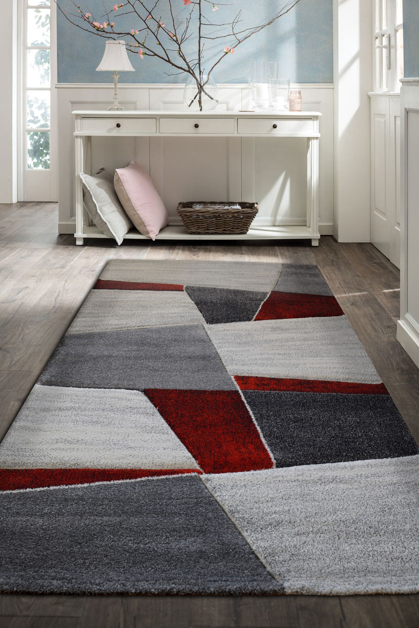 Lucia Red Modern Geometric Rug(Size 300 x 80cm) RUNNER