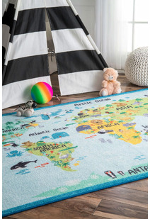 Kids Blue World Map Rug